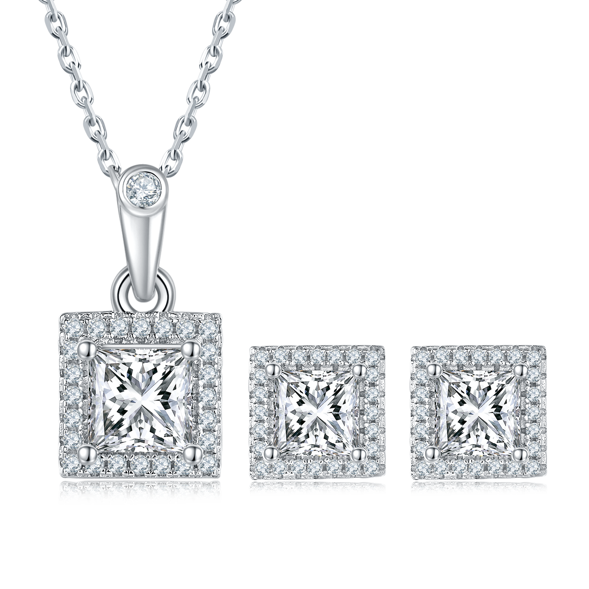 Light luxury square S925 silver plated platinum Moissanite diamond pendant earring set